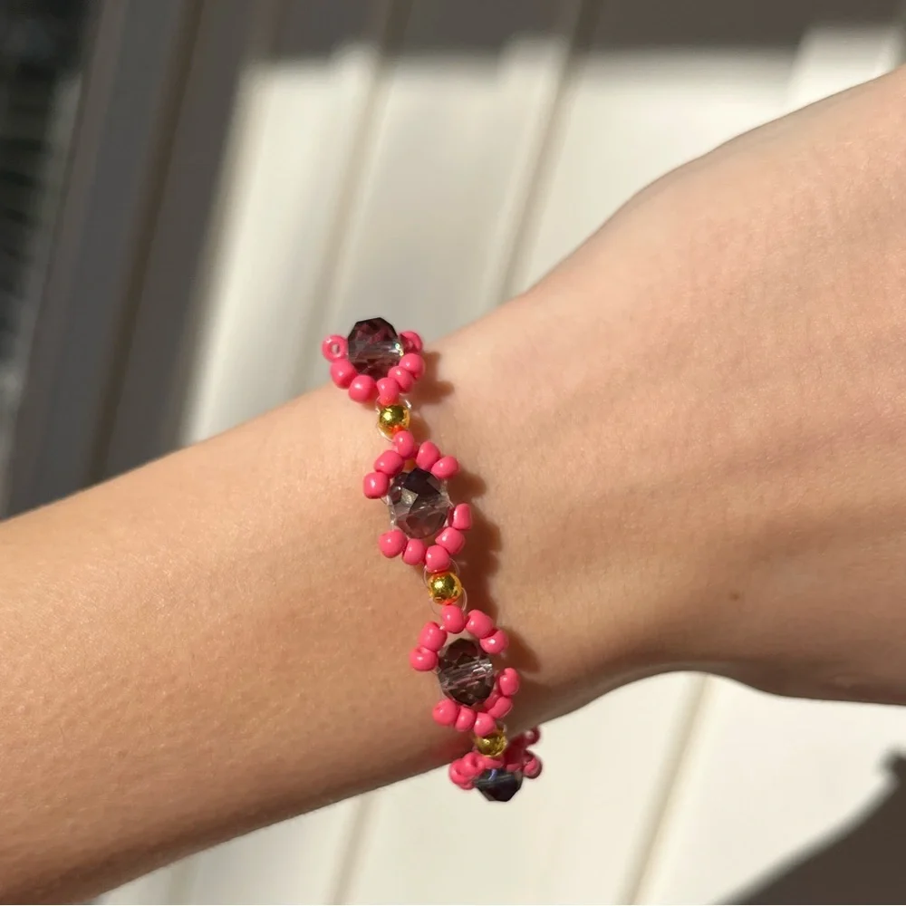 5 for $25 Handmade beaded pink & navy hourglass lobster claw clasp bracelet